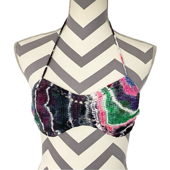 Handmade Crochet Knit Bralette Womens Size Small Adjustable Gray Pink Halter - Picture 1 of 8